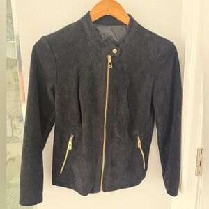 Ivanka Trump Black Suede Zip Front Jacket with Gold Hardware